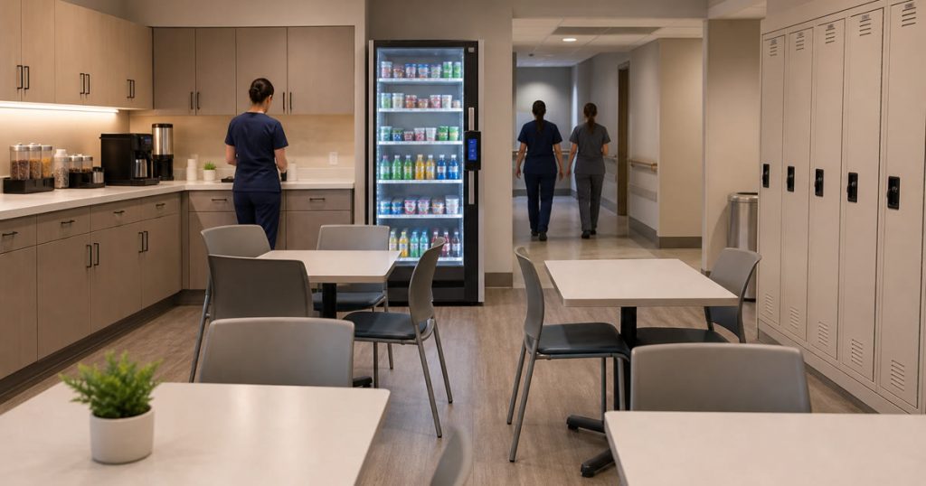 Revvolto smart fridge in a healthcare staff breakroom with clear glass and stocked grab and go items