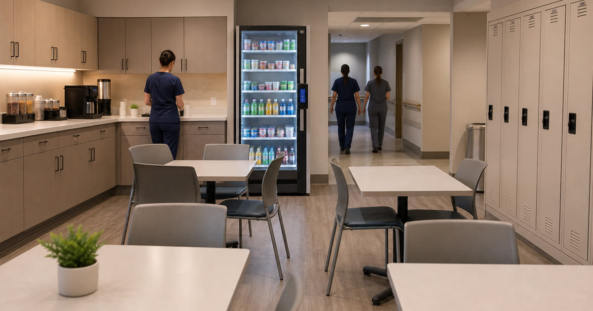 Revvolto smart fridge in a healthcare staff breakroom with clear glass and stocked grab and go items