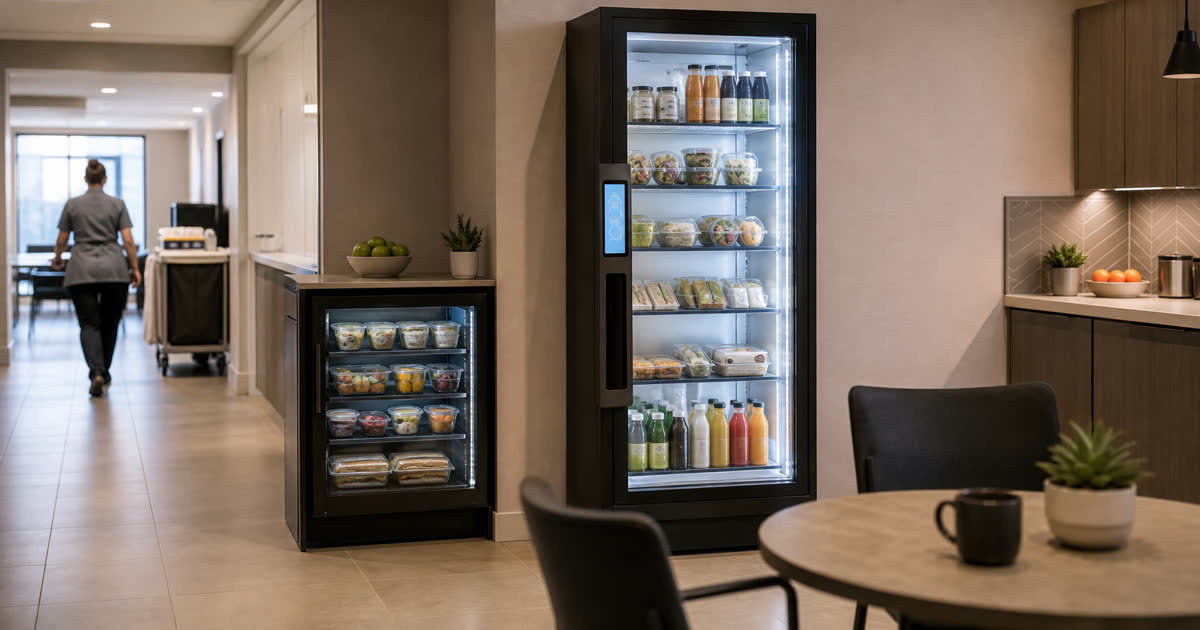 Revvolto smart fridge and compact cooler in a hotel staff breakroom near the service path