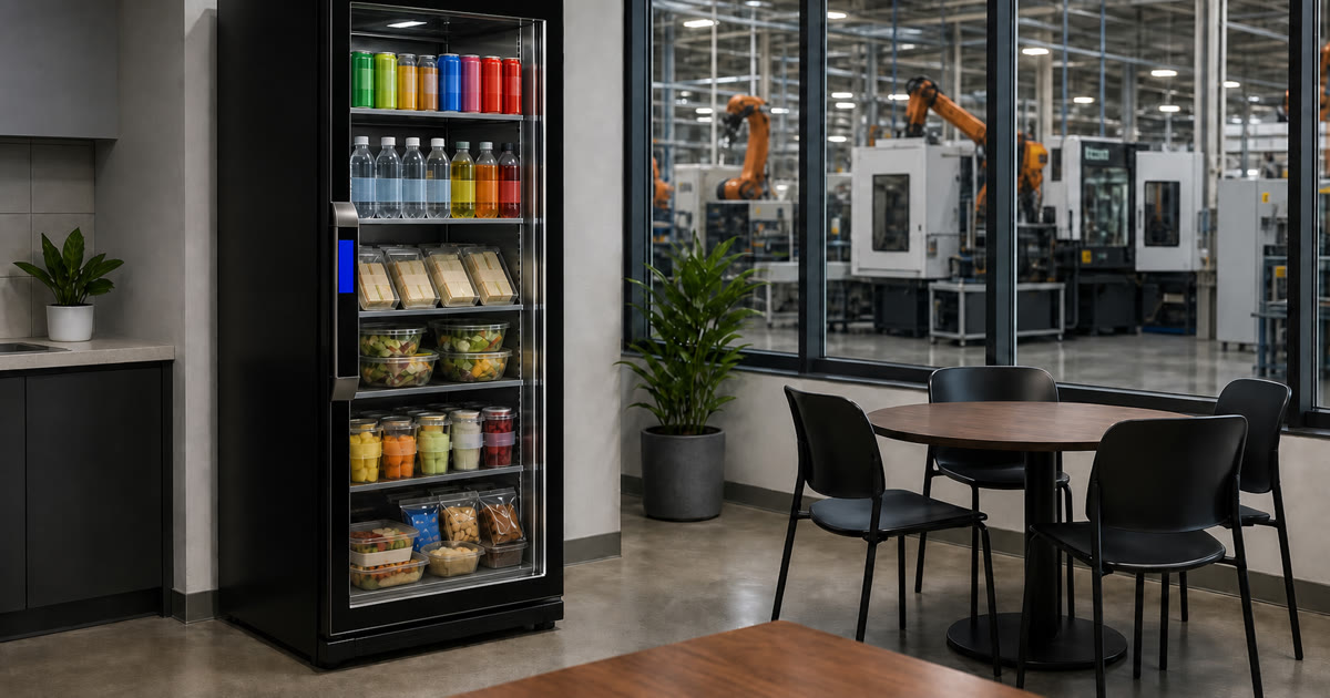 Revvolto smart fridge in an Austin industrial campus staff break area with clear glass and stocked food access