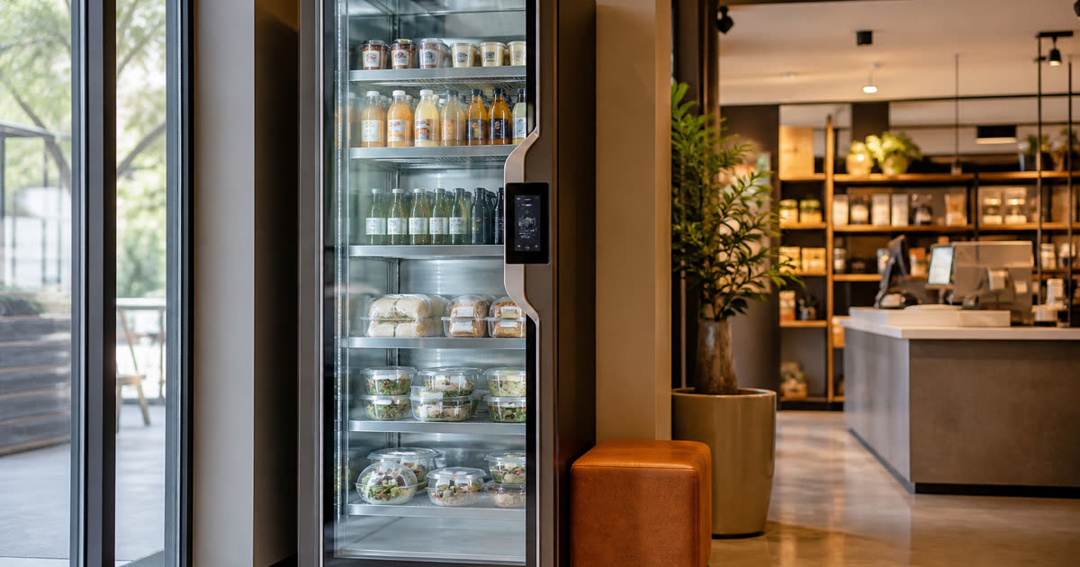 Revvolto smart fridge in an Austin retail campus pause area with clear glass and stocked grab-and-go options
