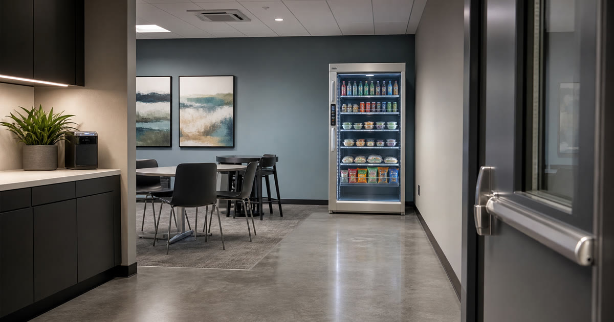 Revvolto smart fridge near a secure facility staff door with clear access for stocking and service