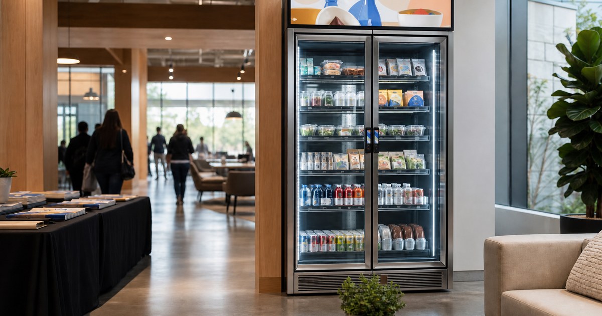 Revvolto smart vending cooler near an Austin tech event break path with clear glass stocked shelves