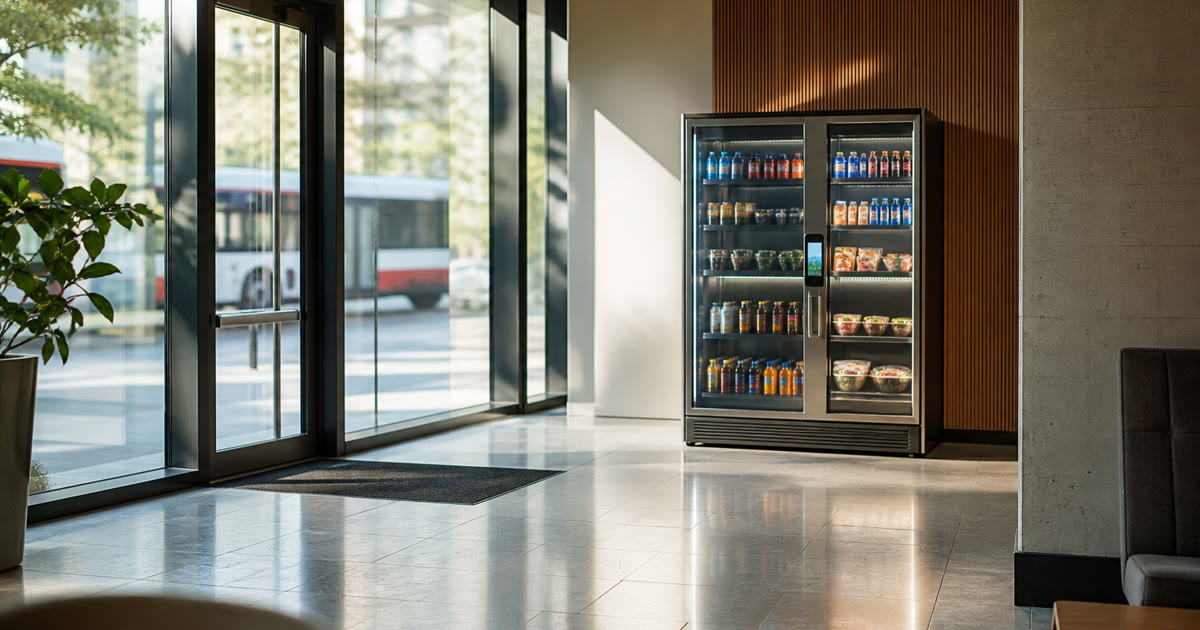 Revvolto smart fridge in an Austin lobby entry path with stocked glass doors and a handle screen