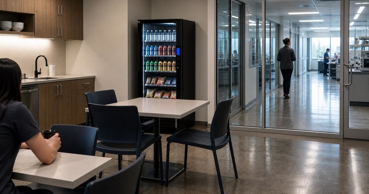 Revvolto smart vending cooler in an Austin aerospace research campus staff break area