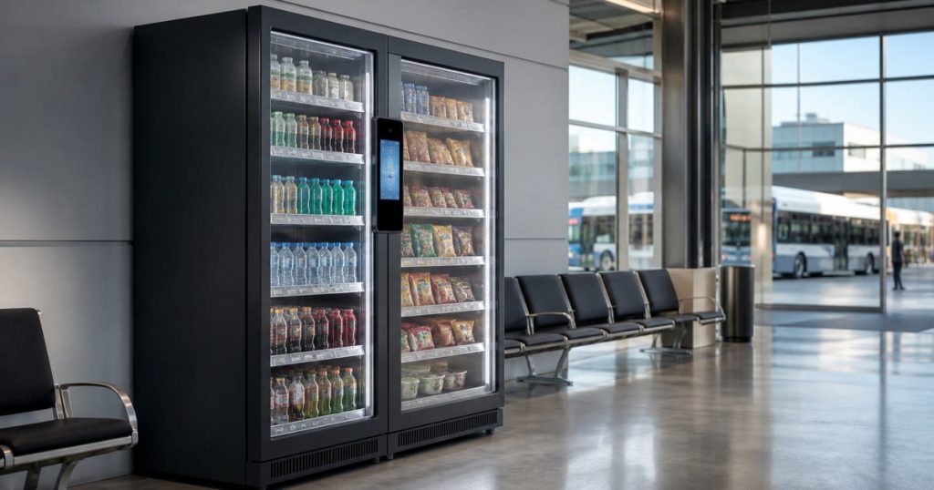 Conceptual Revvolto smart vending cooler inside an Austin bus station terminal waiting area
