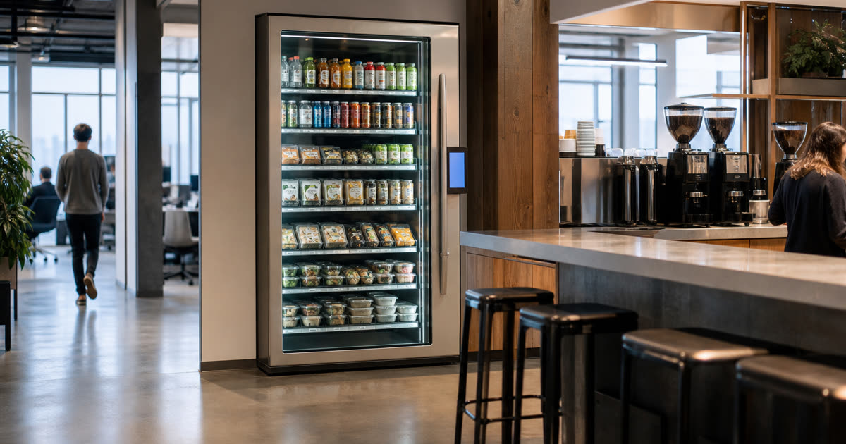 Revvolto smart vending cooler beside a coworking coffee bar for easy shared workspace food access