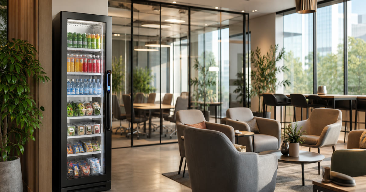 Revvolto smart vending cooler in a coworking lounge near meeting rooms and member seating