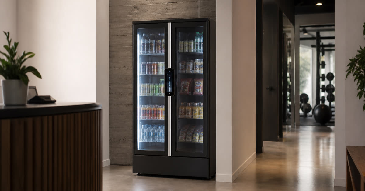 Conceptual Revvolto smart vending cooler near a gym front desk path with stocked glass doors