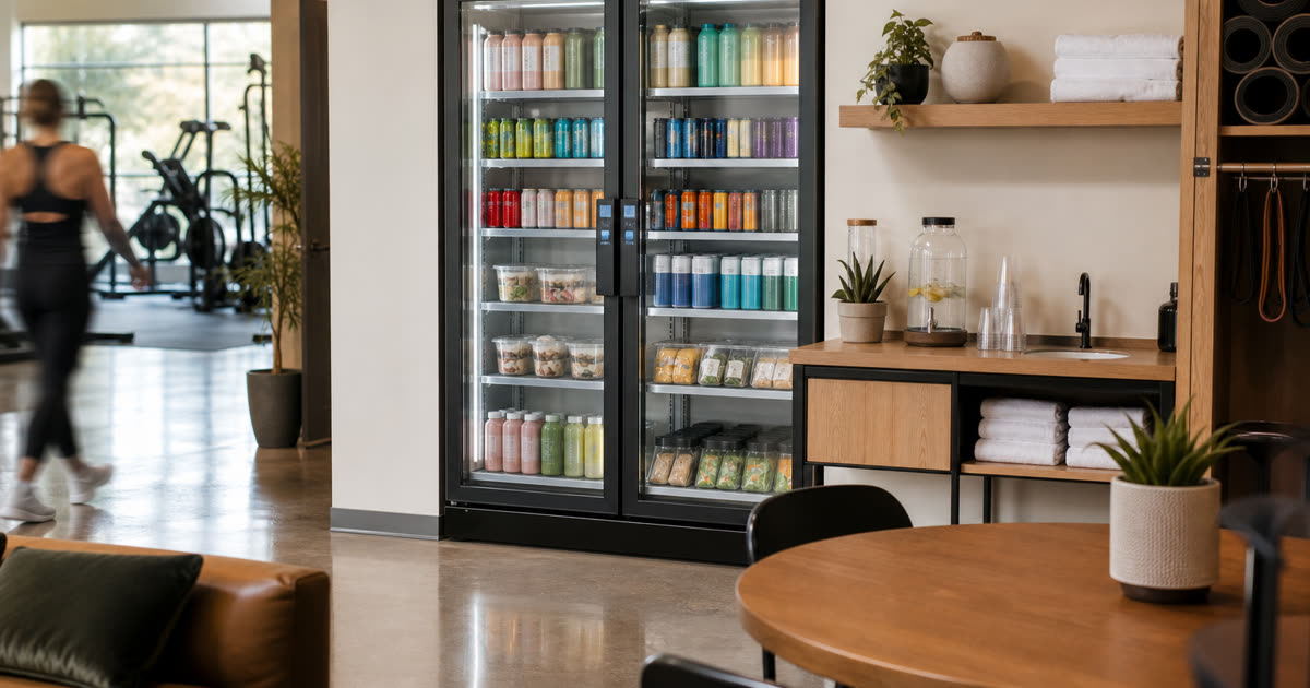 Revvolto smart vending cooler in a gym lounge with clear glass doors and member pause-path seating