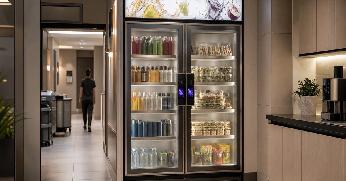 Revvolto smart vending cooler in a hotel staff pantry with clear service access and stocked glass doors