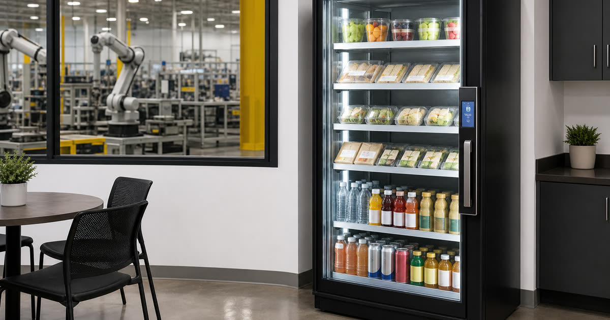 Revvolto smart vending cooler near an Austin manufacturing staff break path with robotics work areas beyond glass