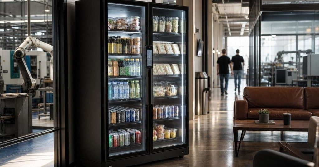 Conceptual Revvolto smart vending cooler in an Austin manufacturing training and employee lounge area