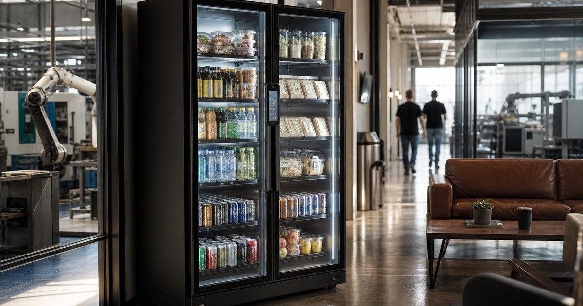 Conceptual Revvolto smart vending cooler in an Austin manufacturing training and employee lounge area