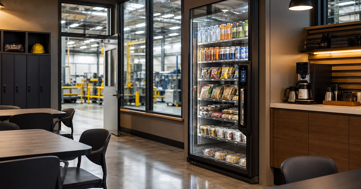 Revvolto smart vending cooler beside a manufacturing breakroom shift path