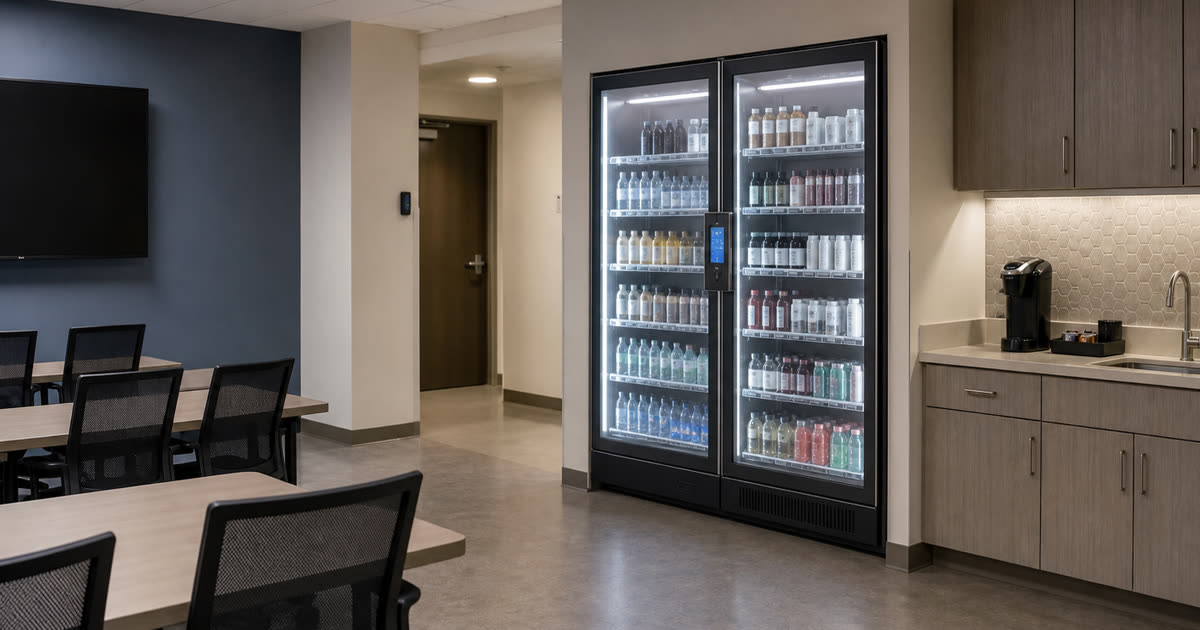Revvolto smart vending machine beside a medical office staff break path in a back-of-house area