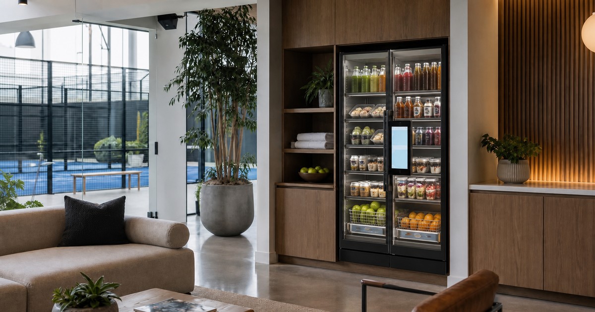 Conceptual Revvolto smart vending cooler in an Austin racquet club lounge with courts in view