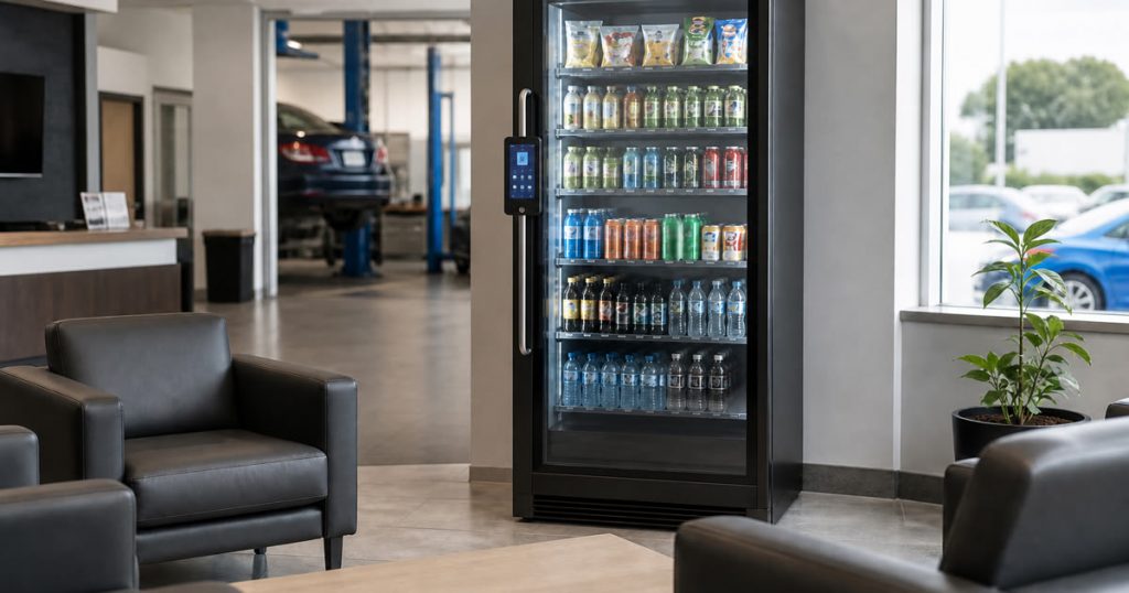 Conceptual Revvolto smart vending cooler in an Austin dealership service lounge for qualified placement planning
