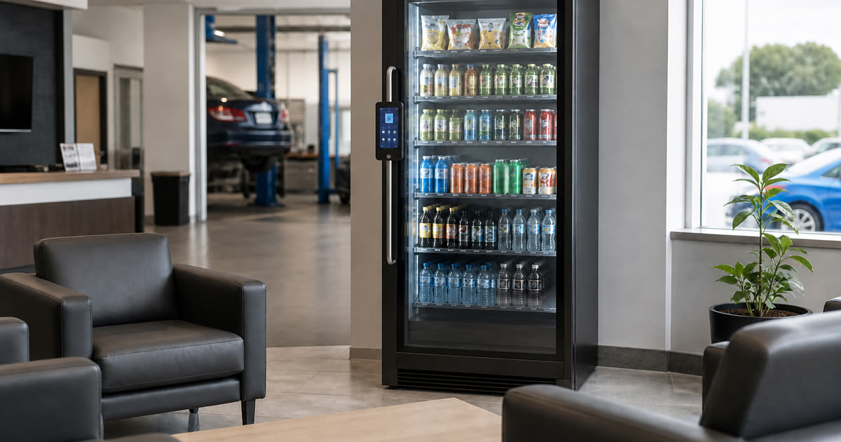Conceptual Revvolto smart vending cooler in an Austin dealership service lounge for qualified placement planning