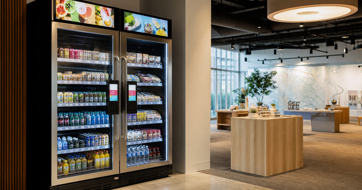 Revvolto smart vending cooler in an Austin retail event foyer with stocked shelves and handle LCDs