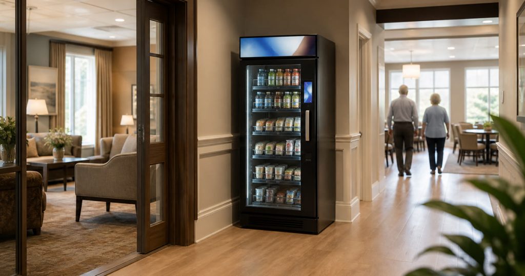 Revvolto smart vending cooler along a senior living activity-room pause path with stocked glass shelves and handle screen