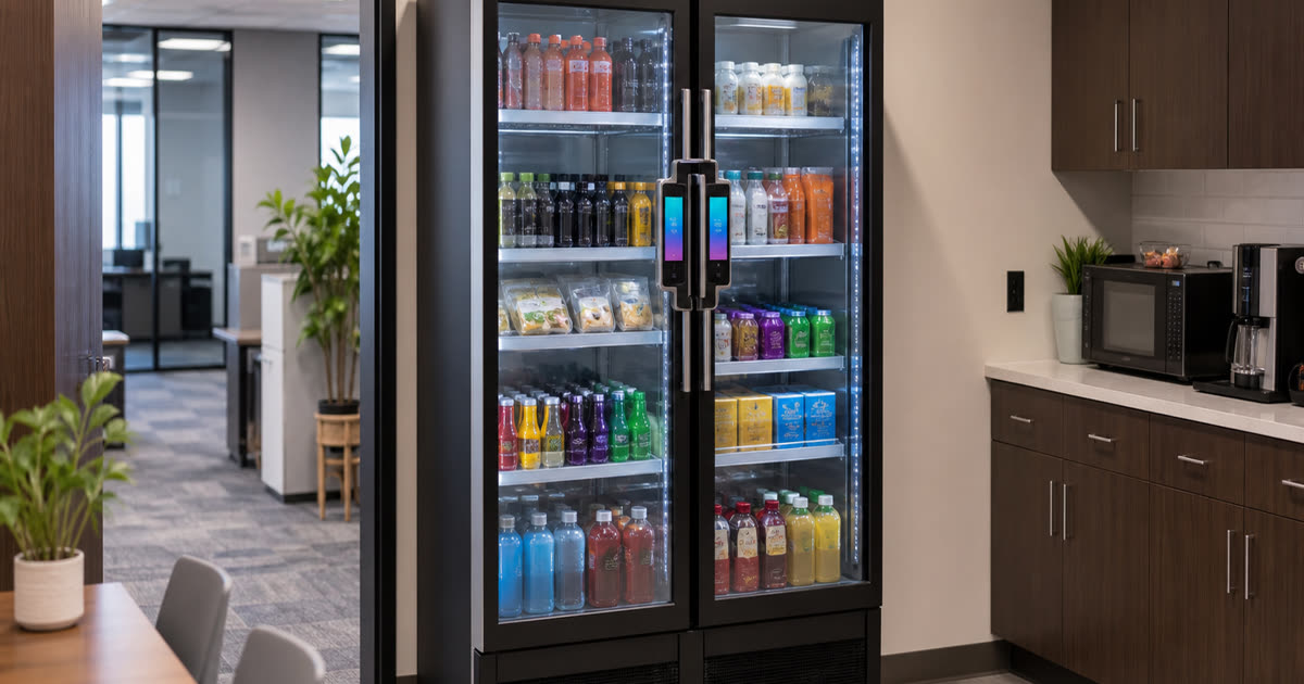 Conceptual Revvolto double-door smart vending cooler in a property office staff snack area