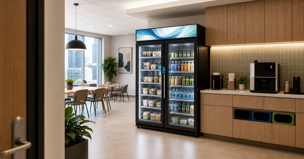 Conceptual Revvolto smart vending cooler in a shared office tenant breakroom near coffee service