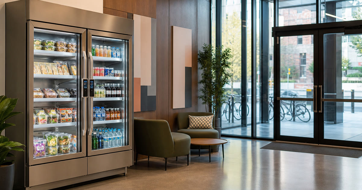 Revvolto smart vending coolers beside seating in an Austin transit served office lobby