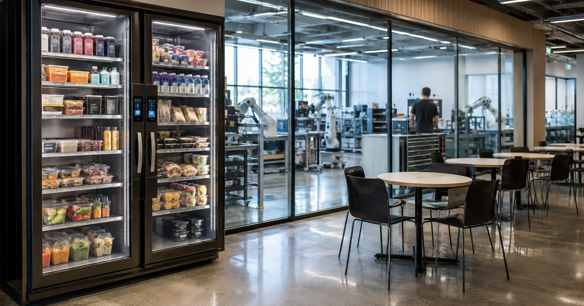 Revvolto smart cooler in an Austin manufacturing campus break area near robotics training space
