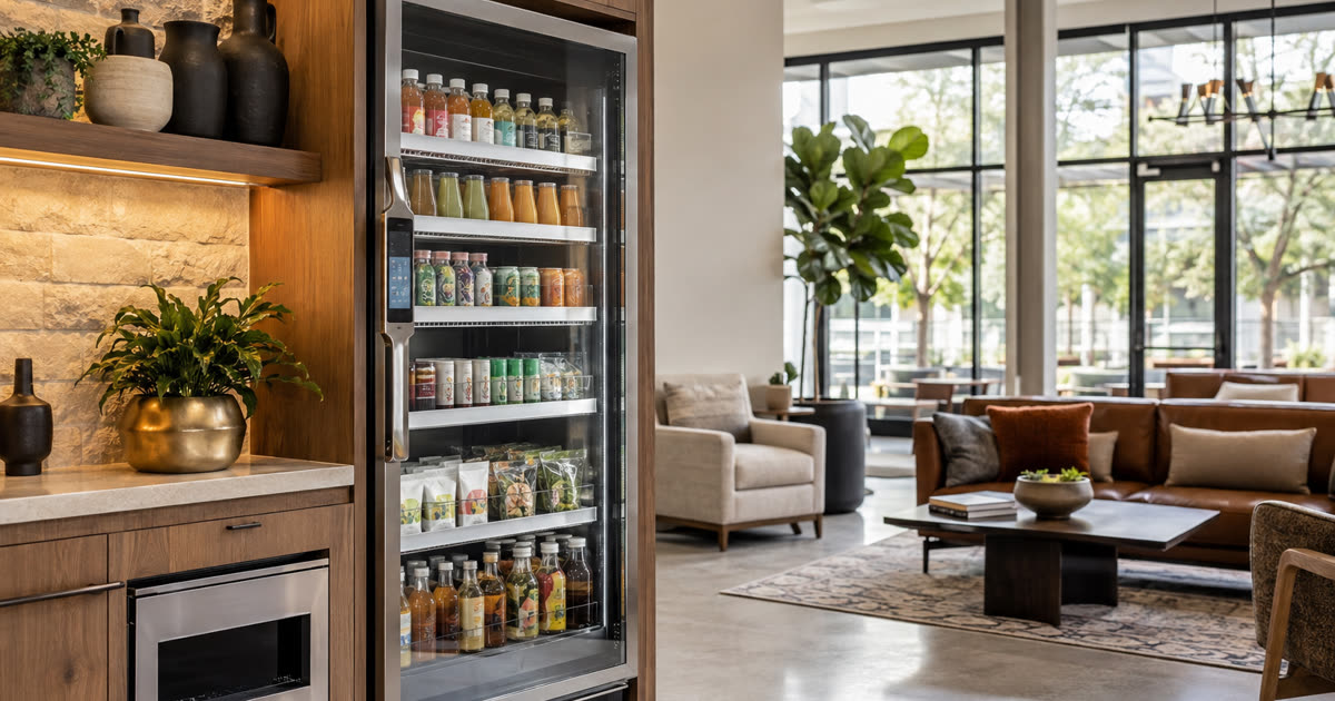 Revvolto smart fridge in an Austin apartment amenity lounge near seating and resident common areas