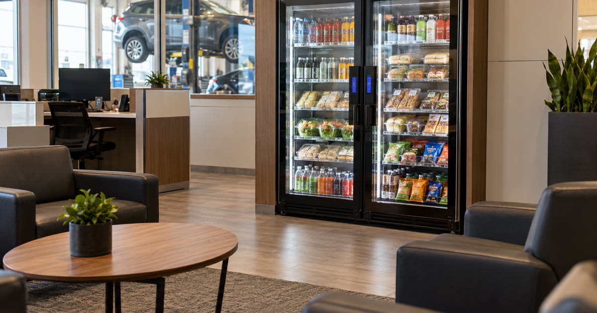 Revvolto smart cooler in a dealership waiting area near a service bay with generic stocked products