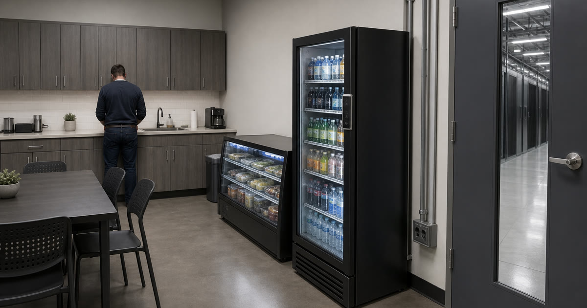 Revvolto smart cooler concept in an Austin secure operations breakroom with stocked grab-and-go options