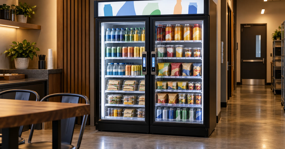 Revvolto smart cooler in an Austin entertainment venue pause area with clear glass and stocked shelves