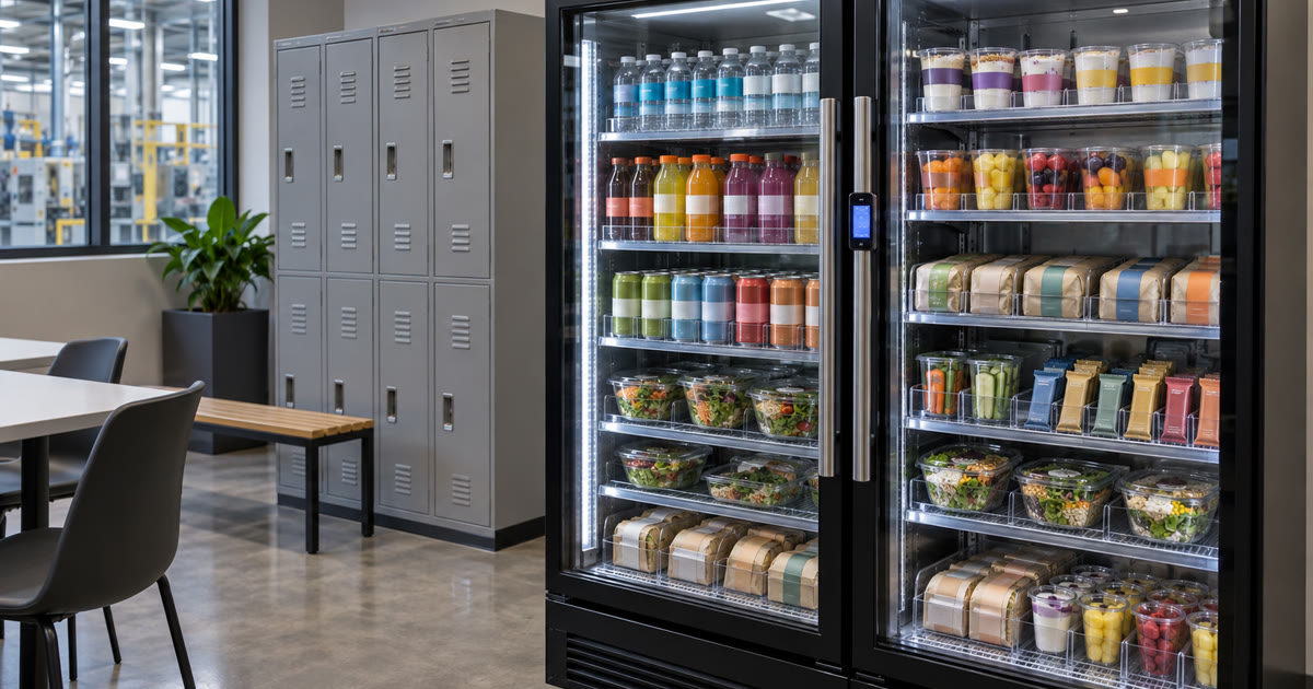 Revvolto smart cooler in an Austin industrial staff breakroom with stocked clear glass shelves