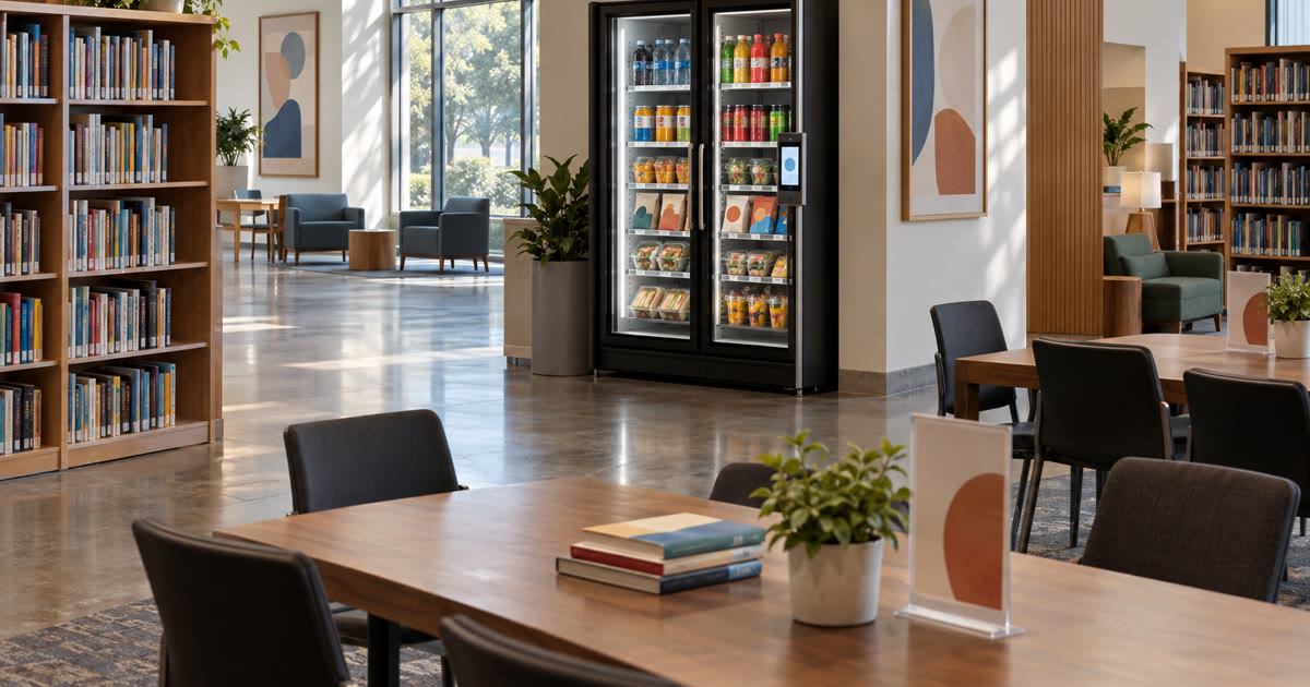 Revvolto smart vending cooler in a library community lobby near event-day seating and shelves