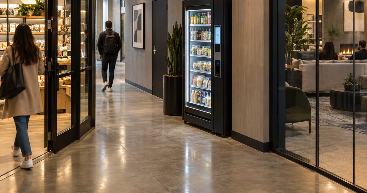 Revvolto smart cooler beside a mixed-use residential corridor and shared amenity lounge