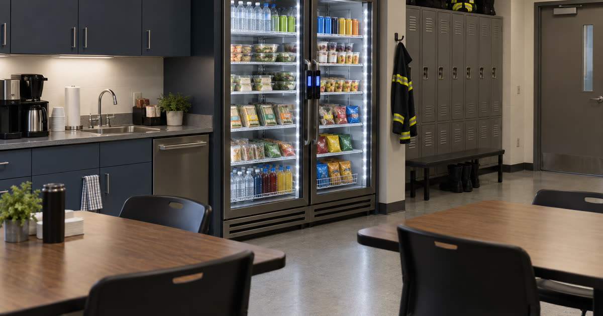 Revvolto smart cooler in a staff-only civic break area with lockers, clear glass doors, and stocked shelves