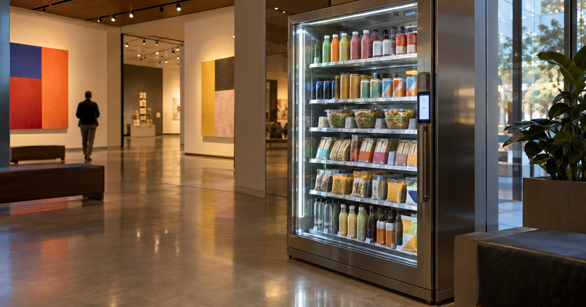 Revvolto smart vending cooler in a museum education foyer for Austin visitor pause path food access