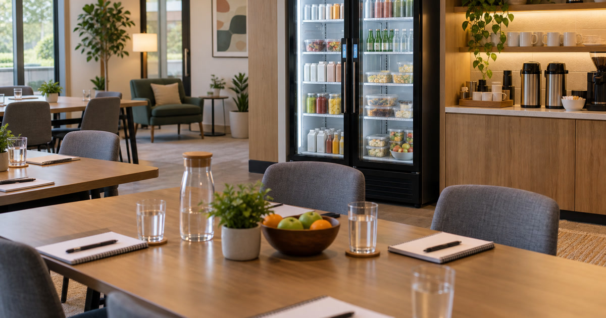 Revvolto smart cooler in an Austin nonprofit training lounge with stocked grab-and-go food access