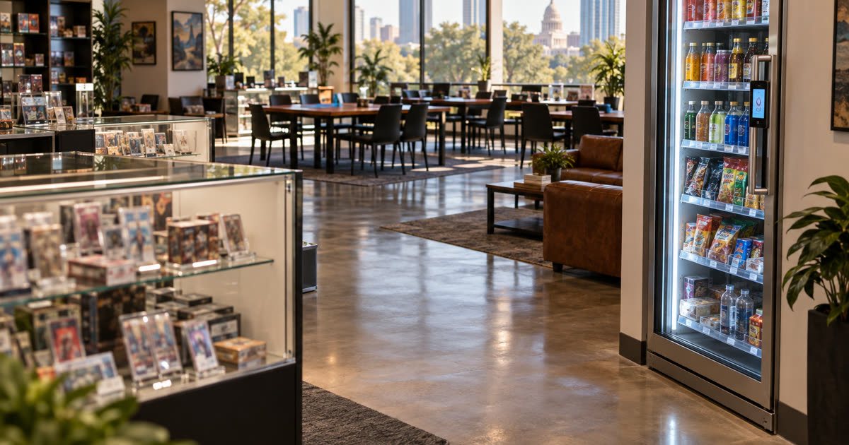 Revvolto smart vending cooler in an Austin retail community lounge with stocked clear glass shelves