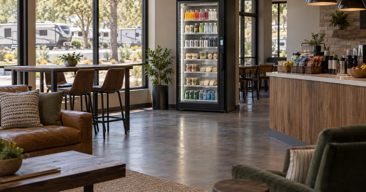 Revvolto smart fridge in an RV park clubhouse lounge with stocked grab and go food access