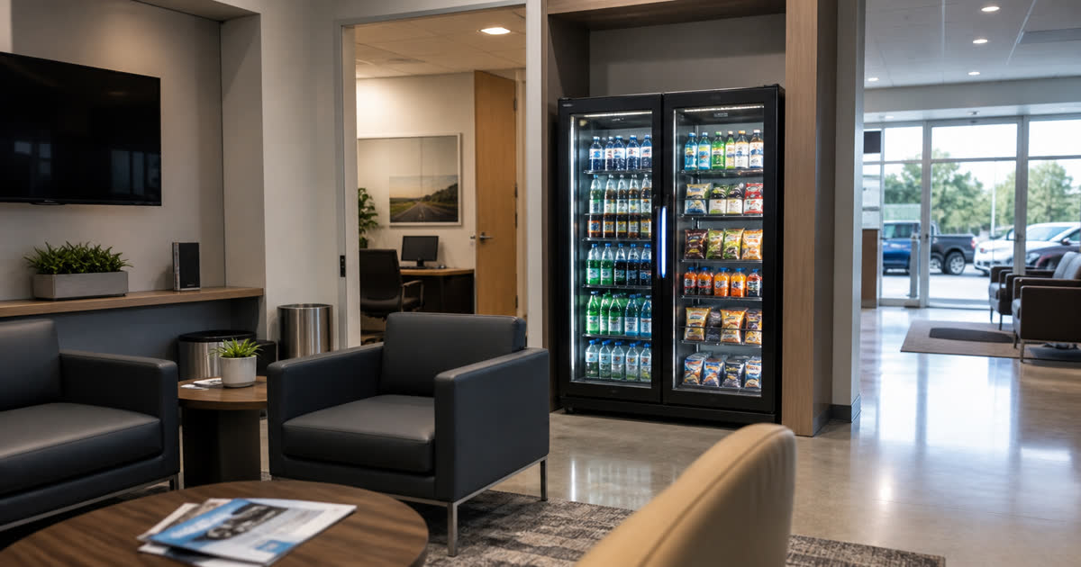 Revvolto smart cooler serving an auto dealership service lounge pause path