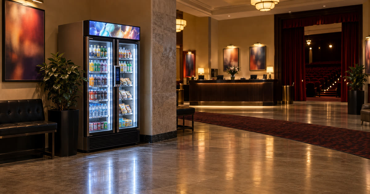 Revvolto smart cooler concept in a theater lobby showing a clear guest pause path and stocked glass doors