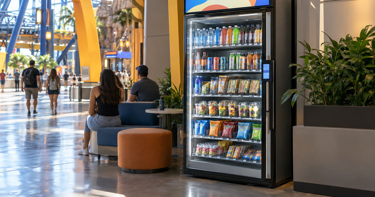 Revvolto smart vending cooler in a bright entertainment venue pause area with clear glass and stocked shelves