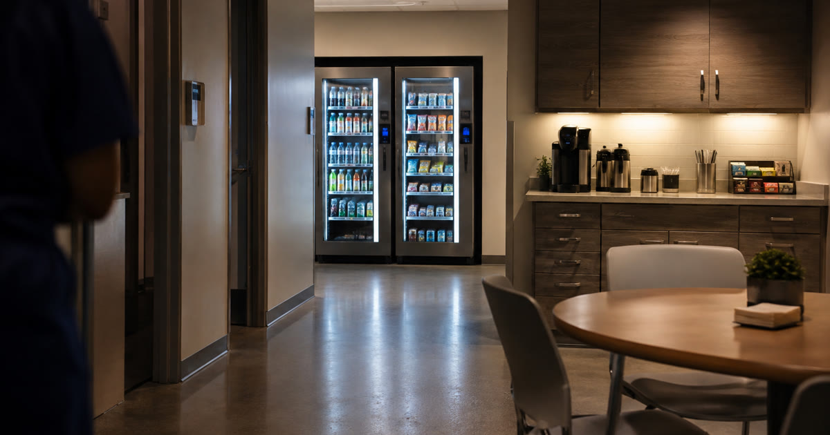 Revvolto smart cooler in an Austin emergency vet staff lounge with clear stocked glass doors