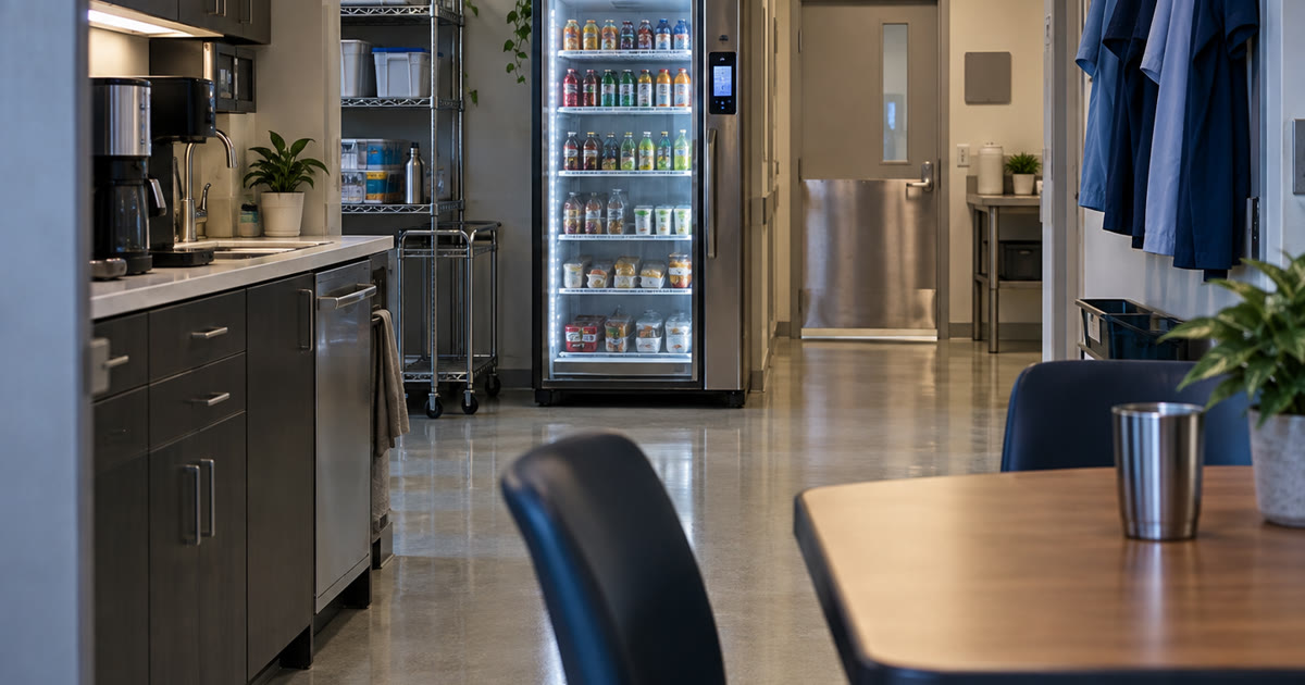 Revvolto smart cooler in a veterinary clinic staff break area with clear glass and stocked shelves