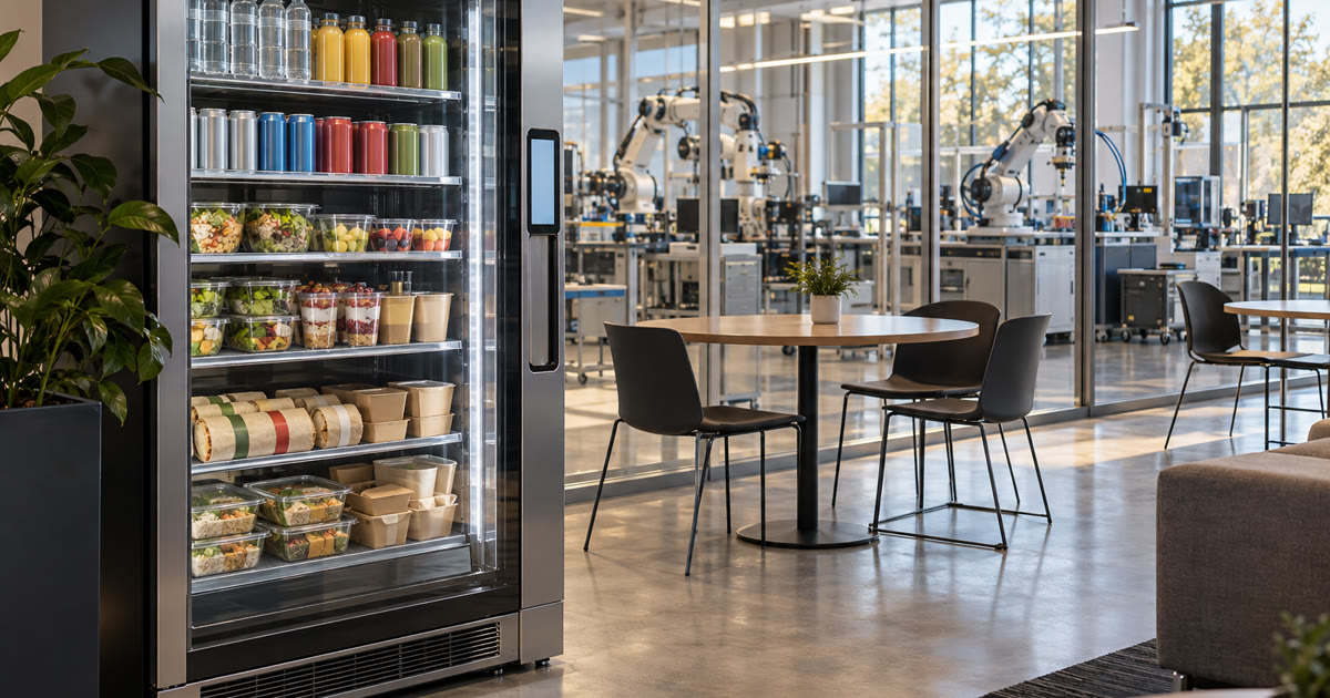 Modern manufacturing training lounge with Revvolto smart vending cooler and robotics lab context