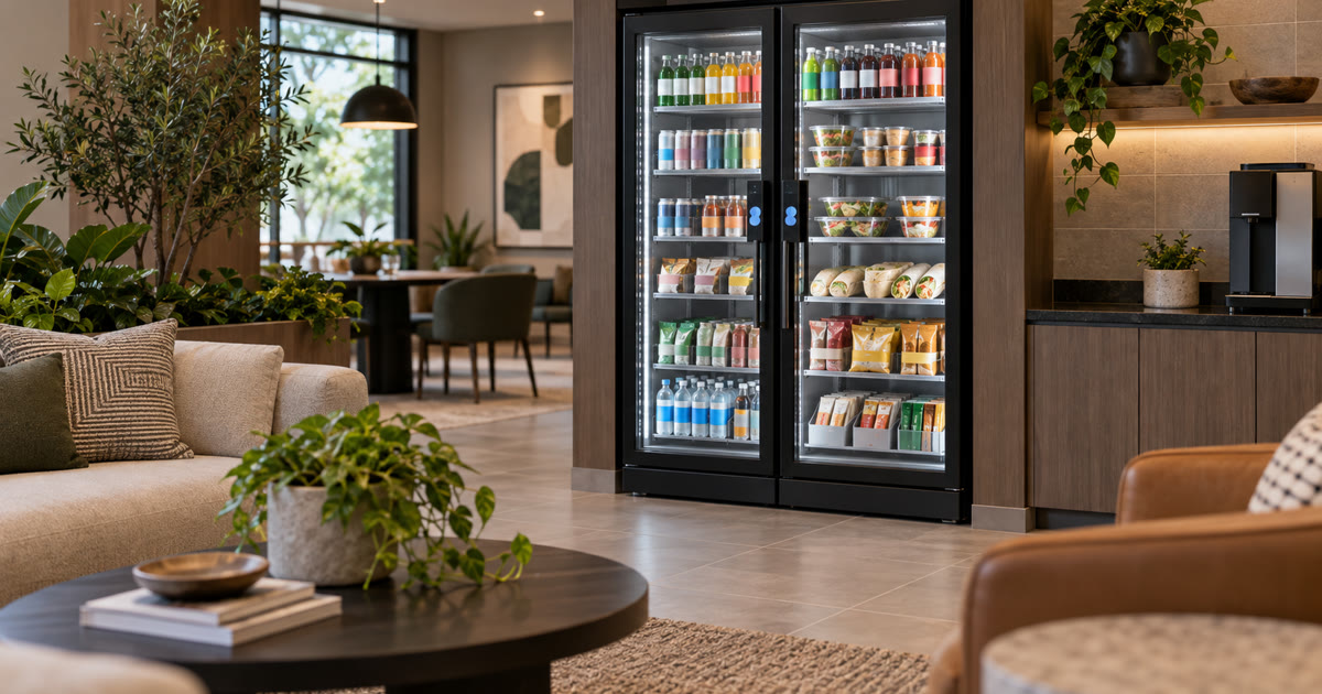 Revvolto smart vending cooler in an apartment amenity lounge with resident seating nearby