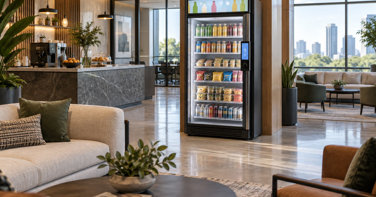Revvolto smart vending cooler in an Austin business park amenity lounge with stocked grab-and-go shelves