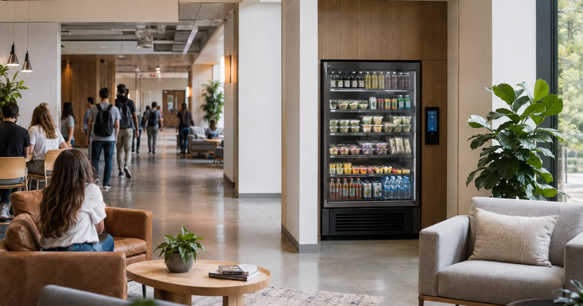 Revvolto smart fridge in a campus career services lobby during recruiting week with stocked clear glass shelves